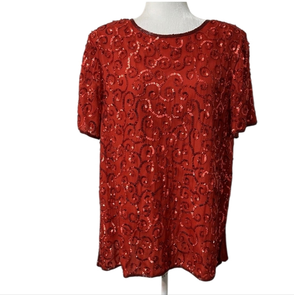 NEW Vtg Jean for Joseph Le Bon  Blouse Sequin Silk Beaded Shortsleeve  Sz 22W
